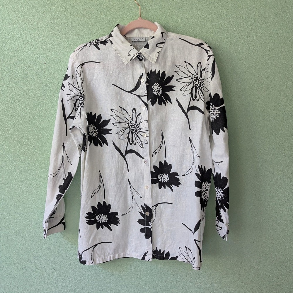 Comfy USA Womens Large Linen Floral Button Down Shirt White Black Botanical